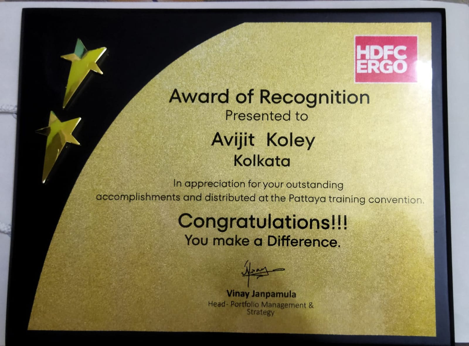 HDFC ERGO Award of Recognition